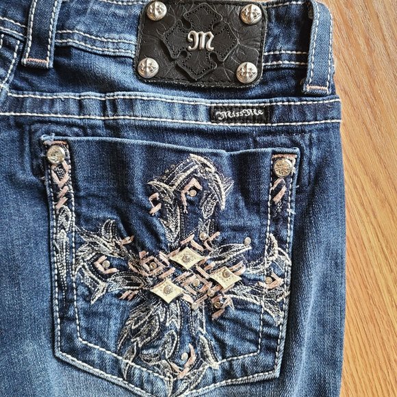 Miss Me Denim - MISS ME JP5494B BOOT CUT JEANS STUDDED CROSS EMBROIDERED POCKETS STRETCH sz 33
